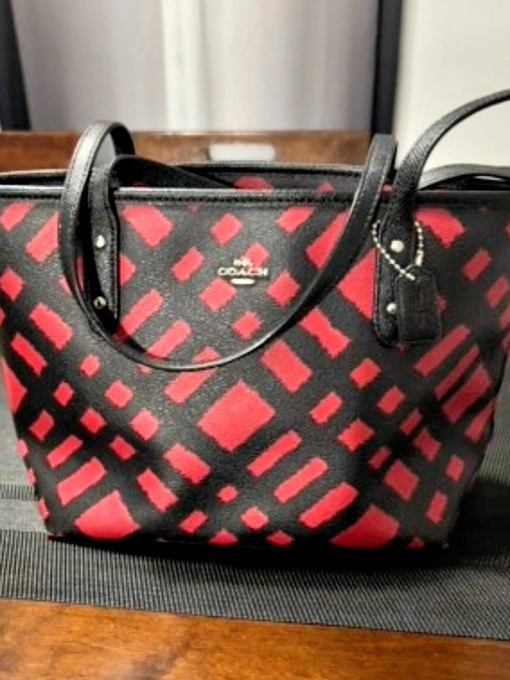 Coach City Tote With Buffalo Plaid Print Black & Red